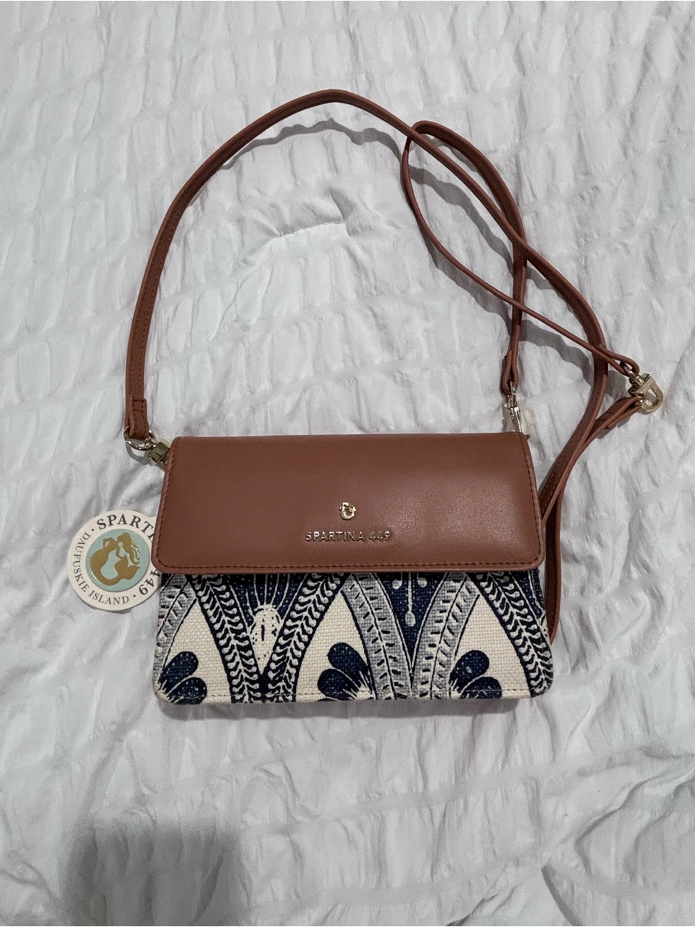 Spartina 449 Daufuskie Island Multi Blue Print Leather Trim Crossbody Bag Purse